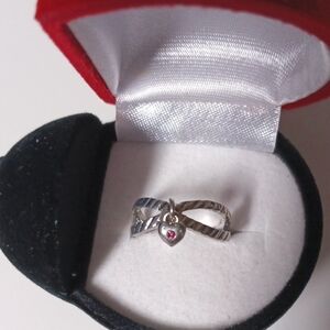 Avon Adjustable Sterling Silver Bow Ring with Heart Charm and Pink Stone (Small)